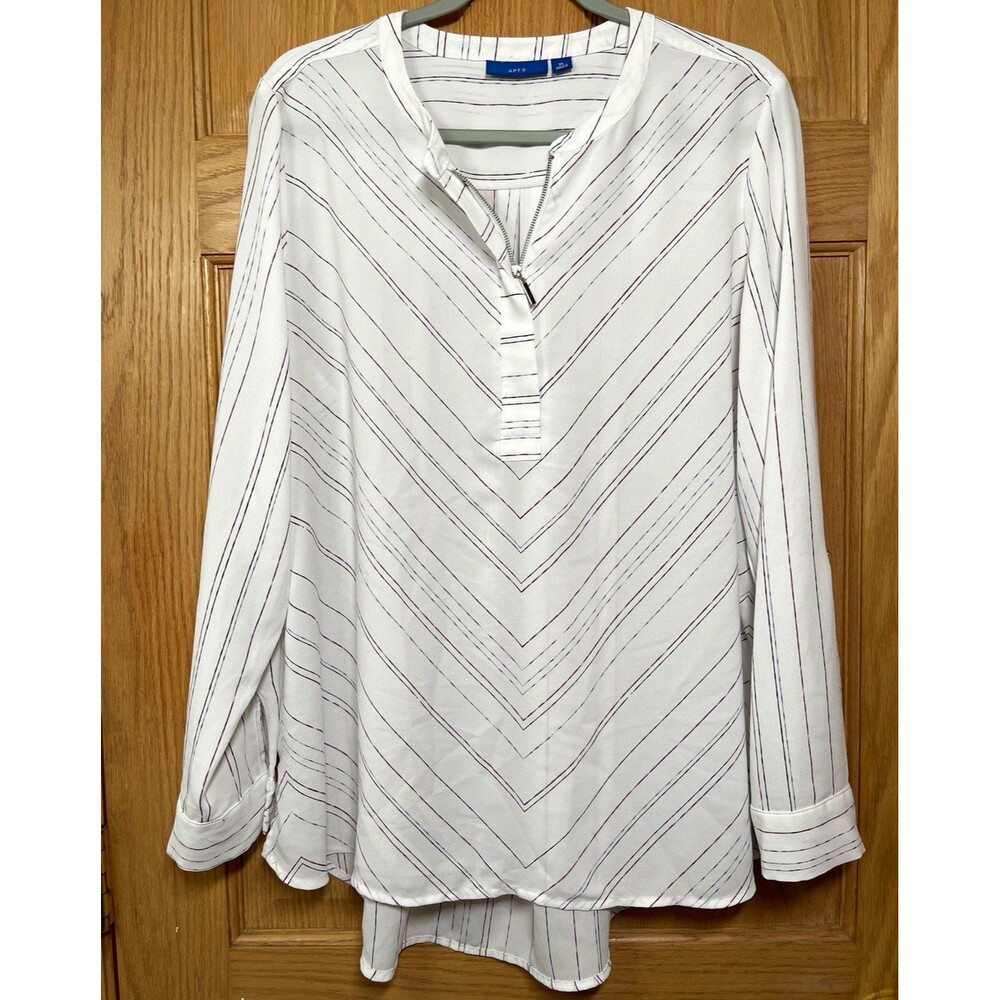 Apt. 9 Womens XL White Striped Blouse Zip V-Neck Long Sleeve High Low Top